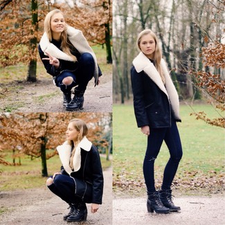 Women's Black and White Shearling Jacket, Navy Ripped Skinny Jeans, Black Leather Lace-up Ankle Boots
