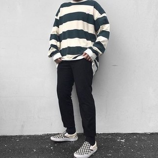 Dark Green Horizontal Striped Long Sleeve T-Shirt Outfits For Men: 
