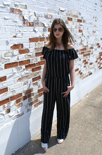 Women's Black and White Vertical Striped Jumpsuit, White Leather Heeled Sandals, Brown and Gold Sunglasses