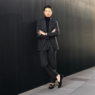 Men's Black and White Vertical Striped Suit, Black Turtleneck, Black Embroidered Velvet Loafers