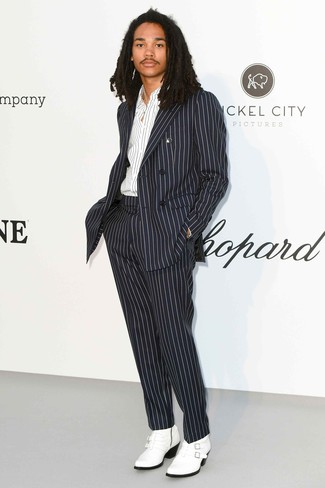 Luka Sabbat wearing Black and White Vertical Striped Suit, White and Black Vertical Striped Long Sleeve Shirt, White Leather Cowboy Boots