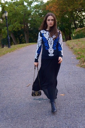 Women's Black Studded Leather Crossbody Bag, Black Leather Ankle Boots, Black Pleated Maxi Skirt, White and Navy Embroidered Crew-neck Sweater