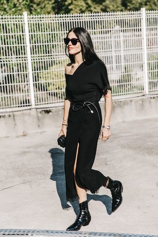Women's Black Leather Clutch, Black Leather Ankle Boots, Black Slit Midi Skirt, Black Short Sleeve Blouse