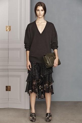 Black Floral Chiffon Midi Skirt Outfits: 