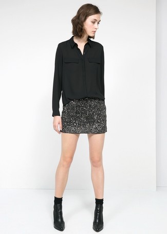 Black Sequin Mini Skirt Outfits: 