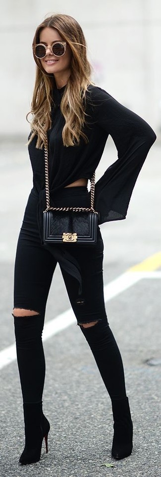Women's Black Fur Crossbody Bag, Black Suede Ankle Boots, Black Ripped Skinny Jeans, Black Long Sleeve Blouse