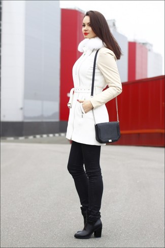 Women's Black Leather Crossbody Bag, Black Leather Ankle Boots, Black Skinny Jeans, White Puffer Coat