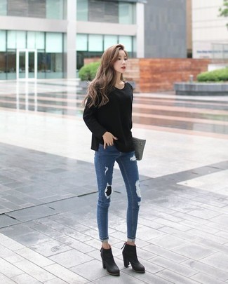 Women's Grey Leather Clutch, Black Leather Ankle Boots, Blue Ripped Skinny Jeans, Black Crew-neck Sweater