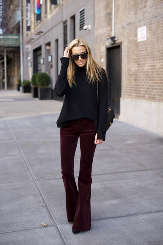 Burgundy Velvet Flare Pants Outfits: 