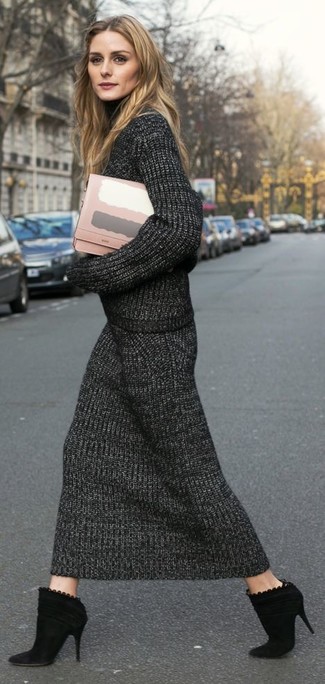 Olivia Palermo wearing Pink Leather Clutch, Black Suede Ankle Boots, Charcoal Knit Midi Skirt, Charcoal Knit Turtleneck