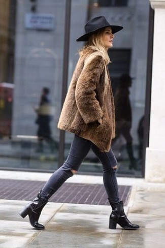 Women's Black Wool Hat, Black Leather Ankle Boots, Charcoal Ripped Skinny Jeans, Brown Fur Coat