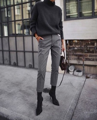 Women's Dark Brown Leather Crossbody Bag, Black Suede Ankle Boots, Grey Dress Pants, Charcoal Knit Turtleneck