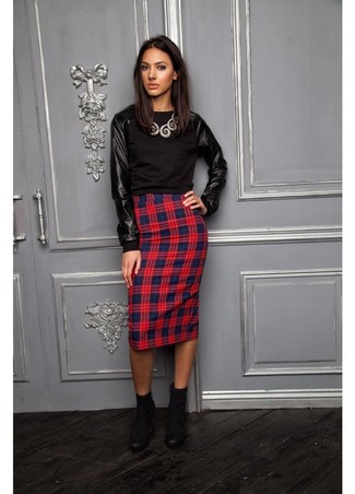Red Plaid Pencil Skirt Outfits: 
