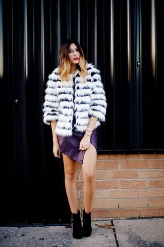 Women's Gold Bracelet, Black Suede Ankle Boots, Violet Leather Mini Skirt, White and Black Horizontal Striped Fur Coat