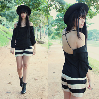 Women's Black Wool Hat, Black Leather Ankle Boots, White and Black Horizontal Striped Shorts, Black Cutout Short Sleeve Blouse
