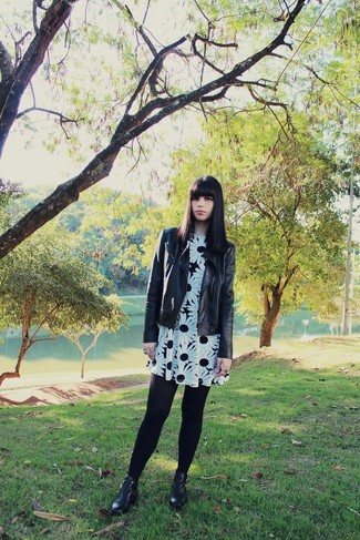 Women's Black Tights, Black Cutout Leather Ankle Boots, White and Black Floral Skater Dress, Black Leather Biker Jacket