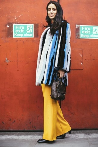 Women's Dark Brown Print Leather Backpack, Black Leather Ankle Boots, Yellow Wide Leg Pants, Multi colored Vertical Striped Fur Coat