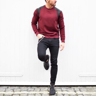 Red Crew-neck Sweater Outfits For Men: 