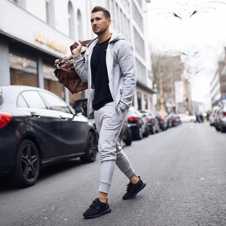 Men's Brown Leather Holdall, Black Athletic Shoes, Grey Track Suit, Black Crew-neck T-shirt