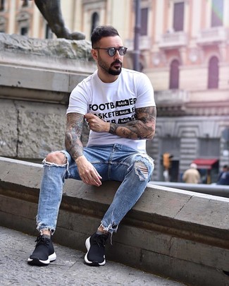 Men's Charcoal Sunglasses, Black Athletic Shoes, Light Blue Ripped Jeans, White and Black Print Crew-neck T-shirt