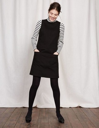White and Black Horizontal Striped Turtleneck Outfits For Women: 