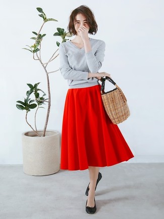 Women's Tan Straw Tote Bag, Black Leather Ballerina Shoes, Red Full Skirt, Grey V-neck Sweater