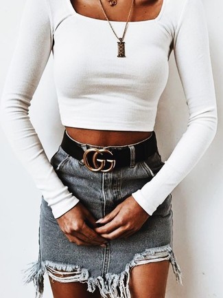 Women's Dark Brown Pendant, Black Leather Belt, Grey Ripped Denim Mini Skirt, White Cropped Top