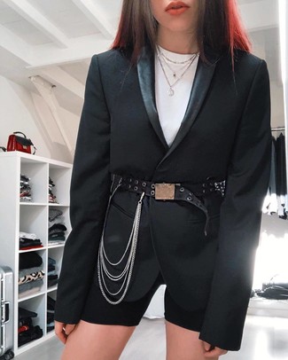 Black Embellished Leather Waist Belt Outfits: 