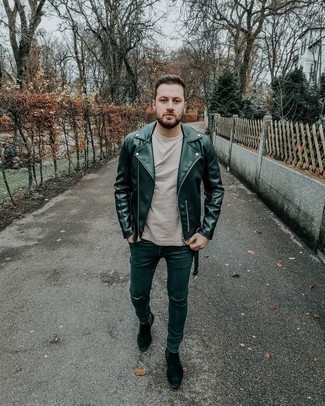 Navy Ripped Jeans Outfits For Men: For comfort dressing with a street style twist, you can opt for a black leather biker jacket and navy ripped jeans. If you want to feel a bit more sophisticated now, introduce a pair of black suede chelsea boots to the mix.