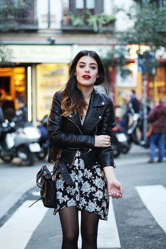 Women's Black Leather Biker Jacket, Black and White Floral Casual Dress, Black Leather Crossbody Bag, Black Tights