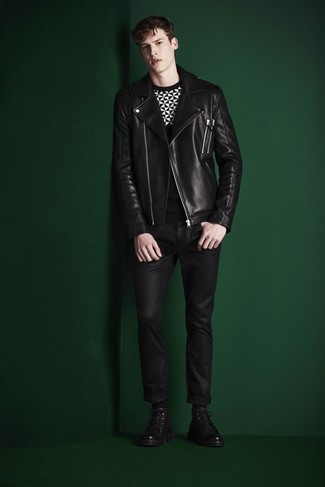 Black Leather Jeans Outfits For Men: This off-duty combination of a black leather biker jacket and black leather jeans is extremely easy to throw together without a second thought, helping you look amazing and ready for anything without spending too much time digging through your wardrobe. And if you want to immediately up the style ante of this ensemble with a pair of shoes, why not add a pair of black leather casual boots to the equation?