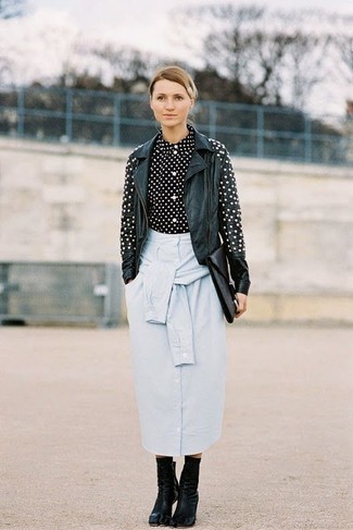 Light Blue Midi Skirt Outfits: Why not consider wearing a black polka dot leather biker jacket and a light blue midi skirt? As well as totally practical, both items look nice worn together. For a more sophisticated twist, complement your ensemble with a pair of black leather ankle boots.