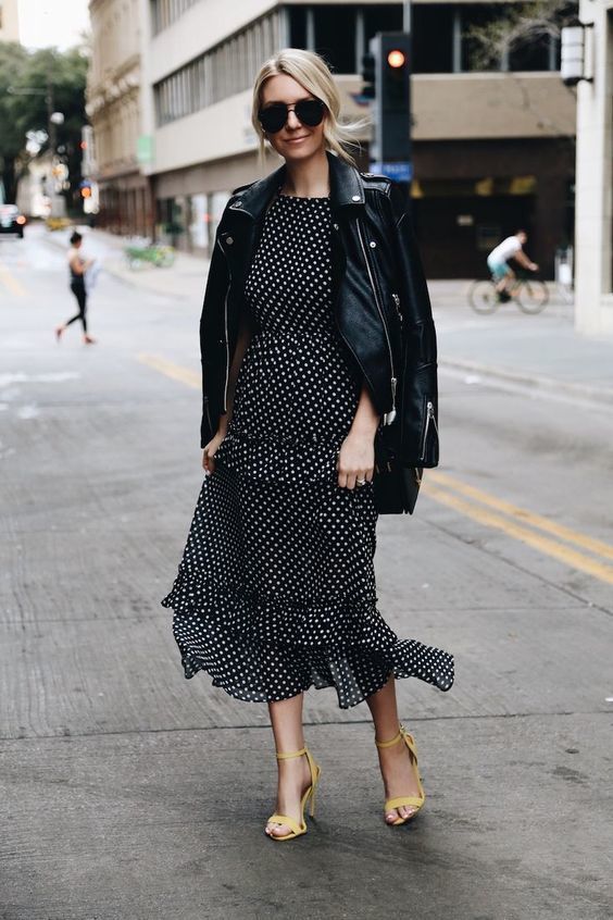 Polka dot dress on sale with leather jacket