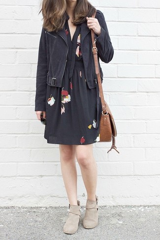 Consider pairing a black suede biker jacket with a black floral casual dress for an easy-going look. Complement this ensemble with a pair of beige suede ankle boots to effortlesslly bump up the style factor of this outfit.