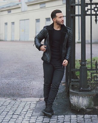 If you're on the lookout for a casual but also on-trend look, go for a black leather biker jacket and black chinos. For a modern on and off-duty mix, introduce black suede casual boots to the equation.
