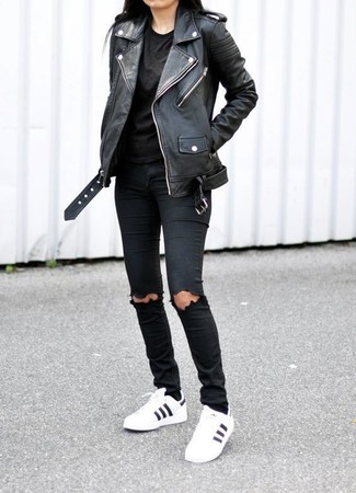 Women's Black Leather Biker Jacket, Black Crew-neck T-shirt, Black Ripped Skinny Jeans, White and Black Leather Low Top Sneakers