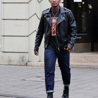 Men's Black Leather Biker Jacket, Black Print Crew-neck T-shirt, Navy Jeans, Black Leather Casual Boots