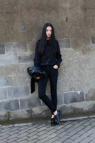 Black Leather Oxford Shoes Outfits For Women: Consider wearing a black leather biker jacket and black skinny jeans for a casual level of dress. Black leather oxford shoes will infuse a dash of refinement into an otherwise too-common look.