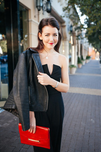 Leather Jacket with Jumpsuit Outfits: For a casual and cool ensemble, consider wearing a leather jacket and a jumpsuit — these two pieces play really well together.