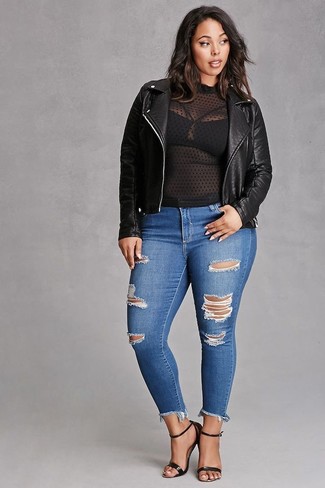 Black Leather Heeled Sandals Outfits: For a laid-back getup, Make a black leather biker jacket and blue ripped skinny jeans your outfit choice. If you want to instantly up your look with a pair of shoes, why not complete this look with a pair of black leather heeled sandals?