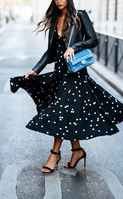 Polka dot shop skirt leather jacket