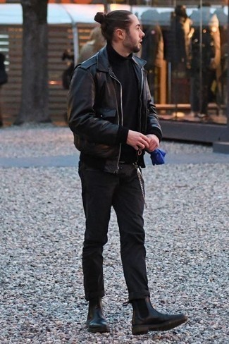 Black Leather Biker Jacket Outfits For Men: This combination of a black leather biker jacket and black chinos is super versatile and apt for any sort of adventure you may find yourself on. Rounding off with black leather chelsea boots is an easy way to bring some extra flair to your ensemble.