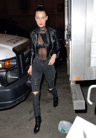 Bella Hadid wearing Black Leather Biker Jacket, Black Mesh Turtleneck, Black Ripped Skinny Jeans, Black Leather Ankle Boots