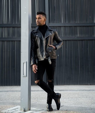 Men's Black Leather Biker Jacket, Black Turtleneck, Black Ripped Skinny Jeans, Black Leather Chelsea Boots