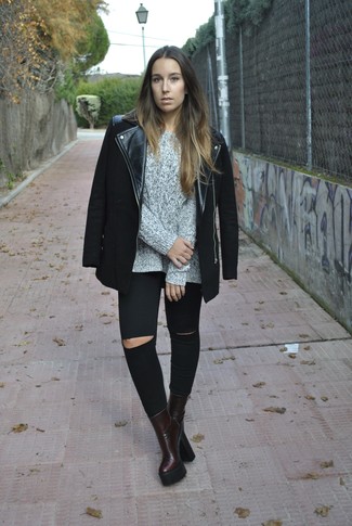 Women's Black Biker Jacket, Grey Cable Sweater, Black Ripped Skinny Jeans, Burgundy Leather Ankle Boots