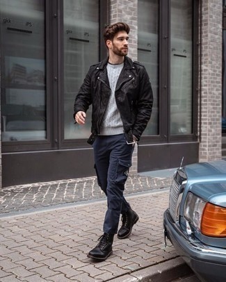 Navy Cargo Pants Outfits: This pairing of a black suede biker jacket and navy cargo pants is hard proof that a safe casual look can still look seriously dapper. A pair of black leather casual boots instantly boosts the wow factor of your outfit.