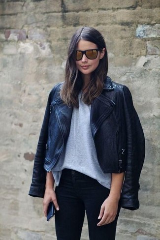 Women's Black Leather Biker Jacket, Grey Crew-neck T-shirt, Black Skinny Jeans, Gold Sunglasses