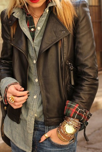Why not wear a black leather biker jacket with blue jeans? These items are totally practical and look nice married together.