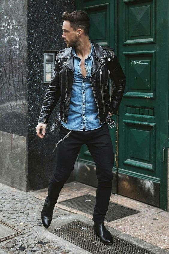 Men's Leather Biker Jacket, Light Blue Denim Shirt, Black Jeans, Black Leather Boots | Lookastic