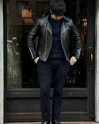 Men's Black Quilted Leather Biker Jacket, Navy Crew-neck Sweater, Black Chinos, Black Leather Casual Boots